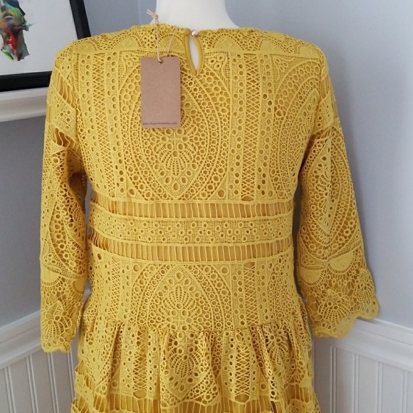 🌻Hidden Alley Mustard Eyelet Boho Low Waist Dress - Picture 6 of 7